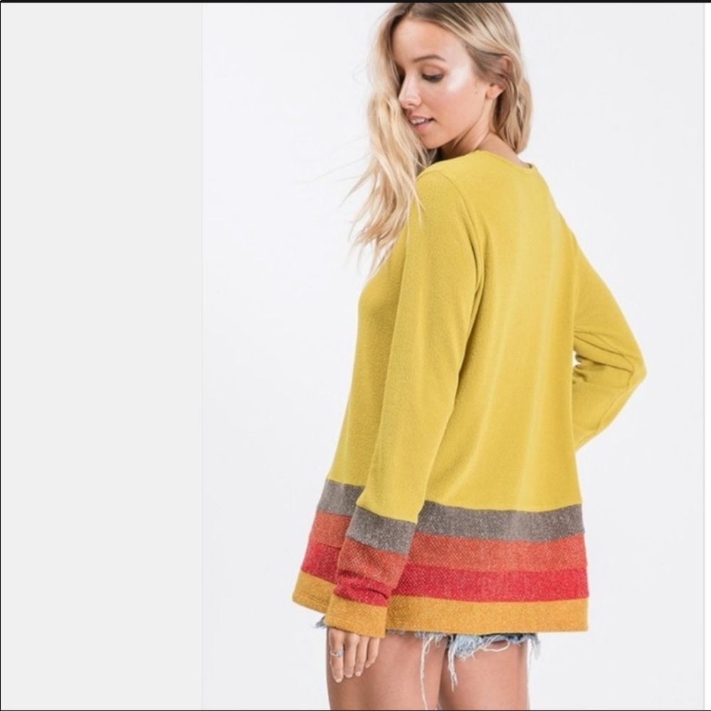 (M-8/10) Mustard sweater w/ striped sleeves & hem - Picture 6 of 8